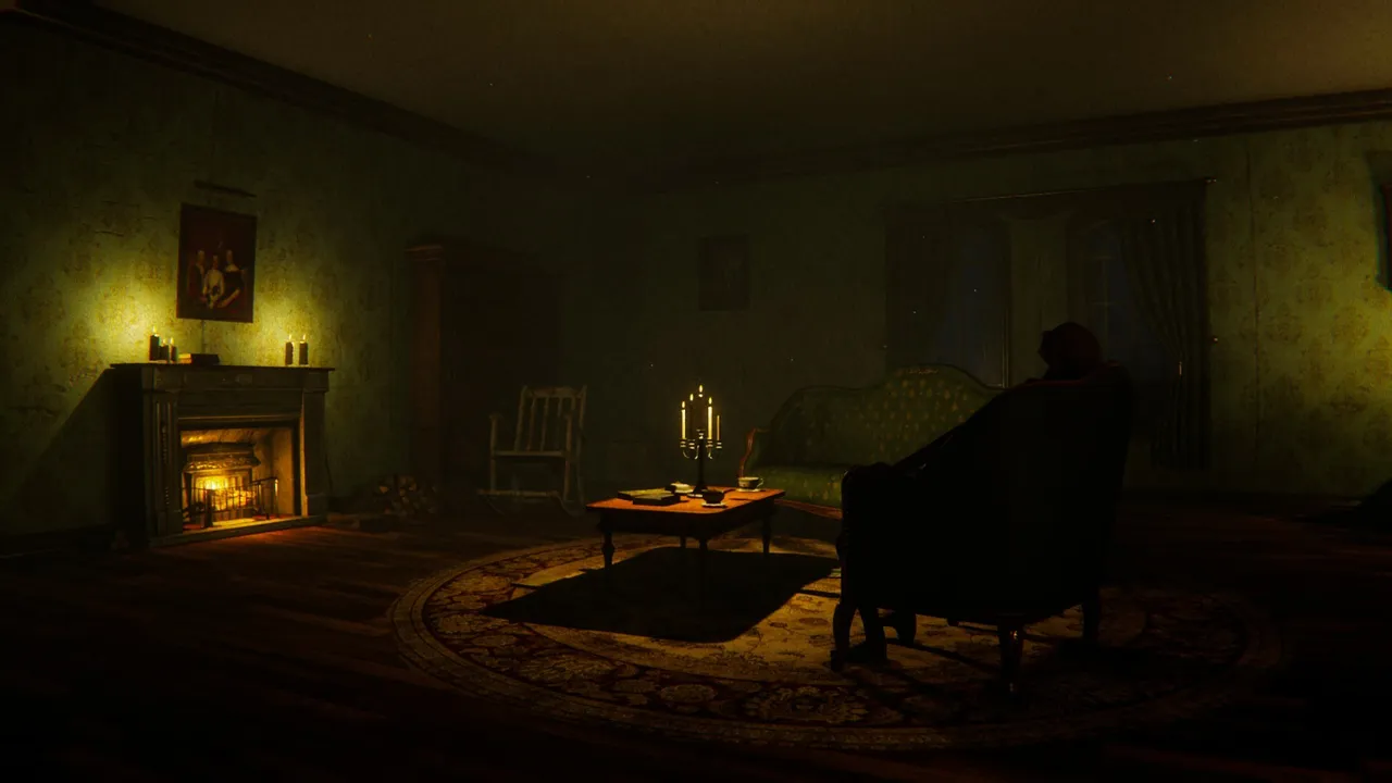 Ghost Janitors screenshot: a candlelit living room in a haunted house