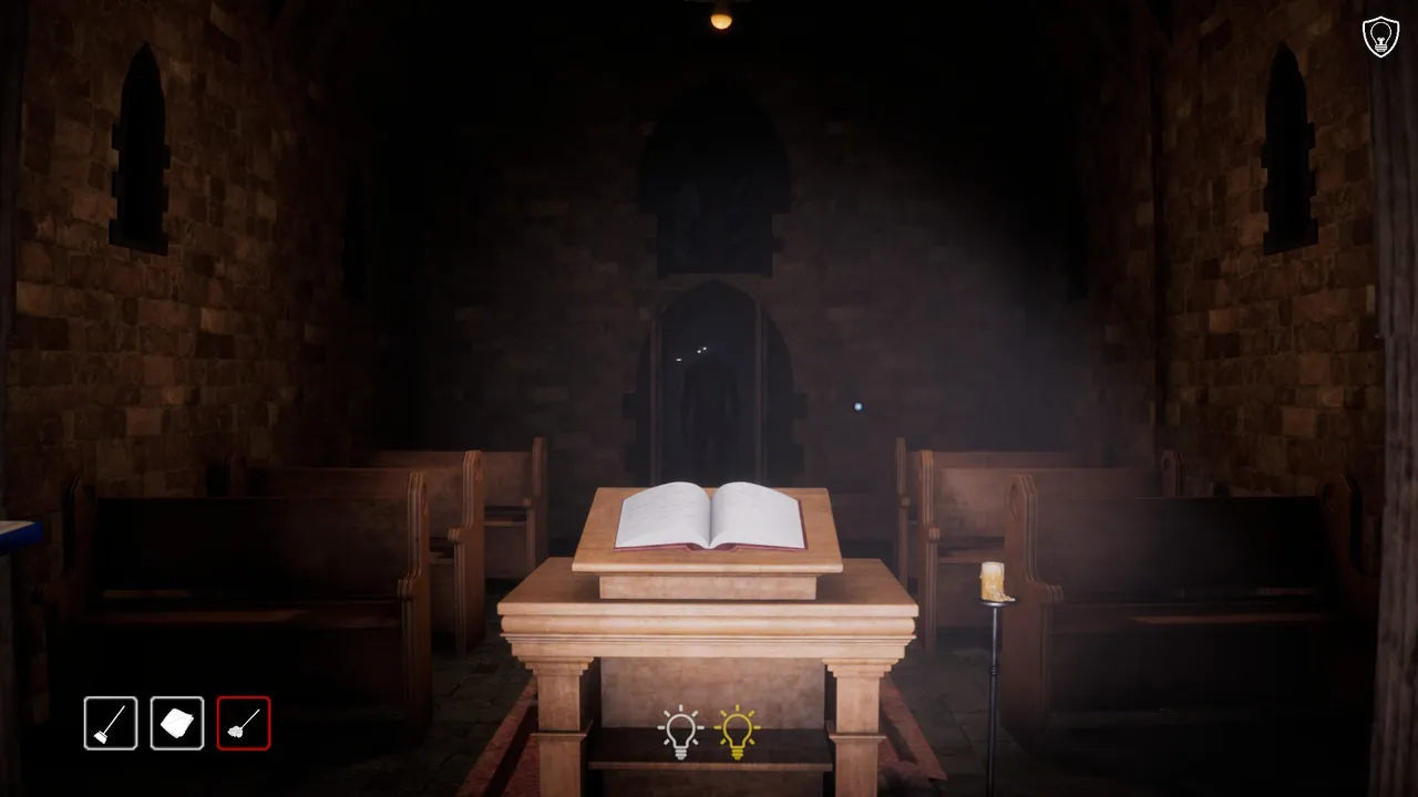 Ghost Janitors screenshot: a ritual book on an altar in a dark chapel
