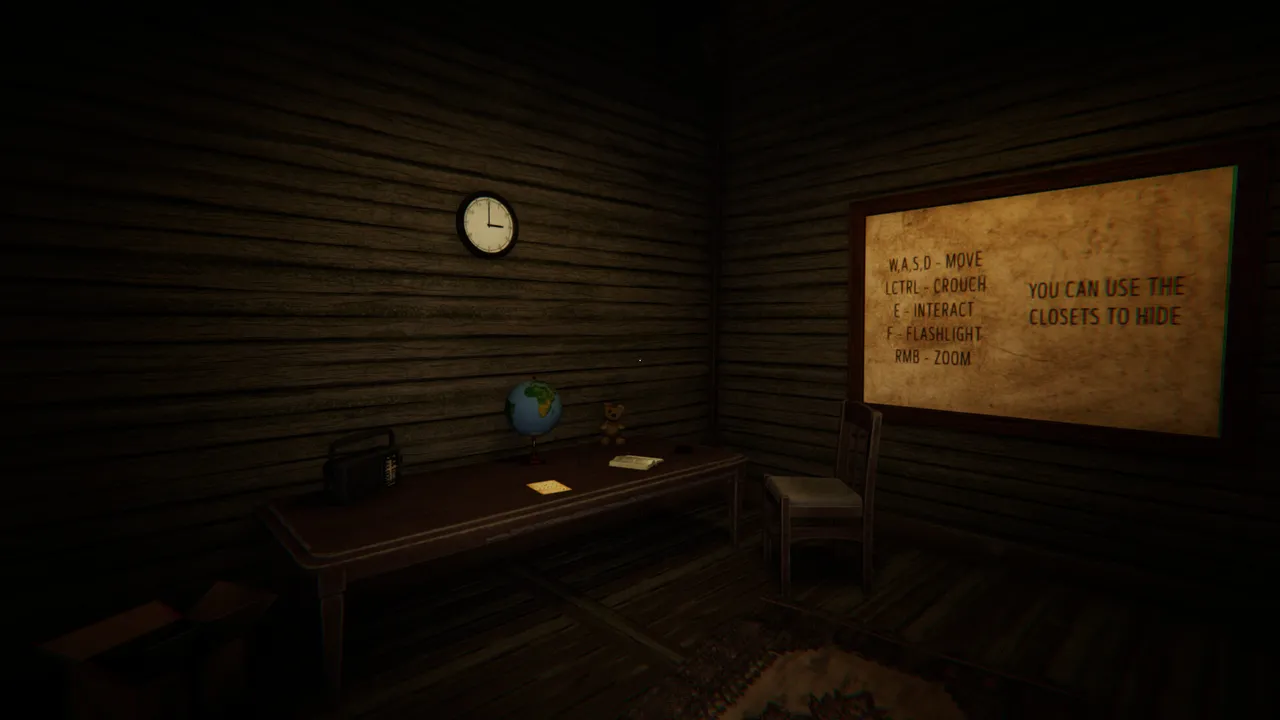 Haunted Investigation screenshot: a wooden cabin room with an instructions board