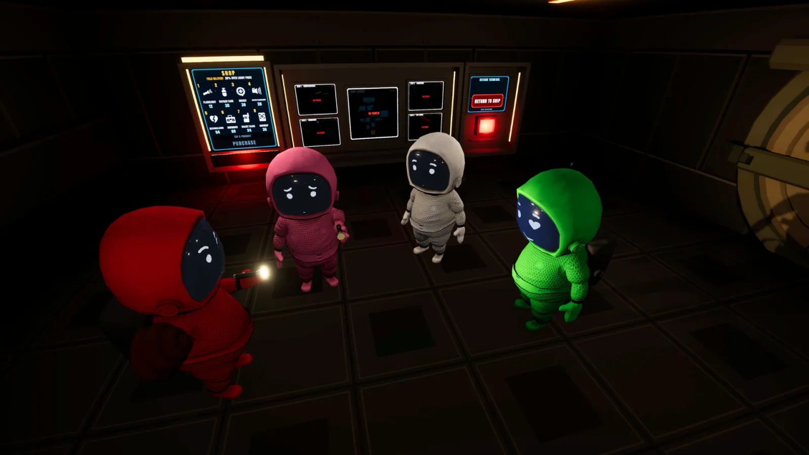 Poopnauts screenshot: the four-astronaut crew gathered in a dark ship corridor