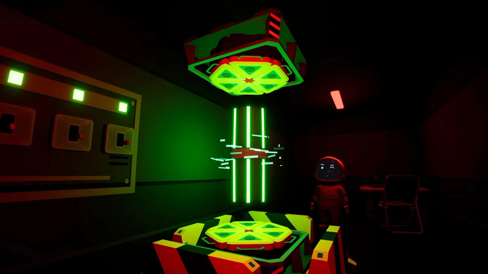 Poopnauts screenshot: a glowing green scanner machine in a dark room
