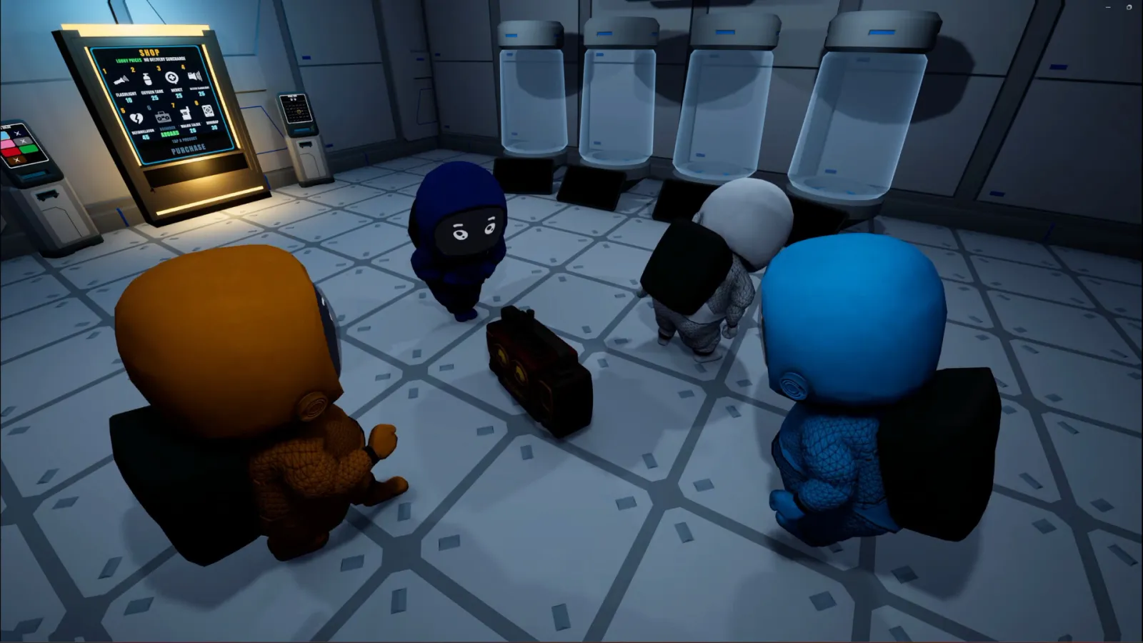 Poopnauts screenshot: the crew around a boombox in the lobby