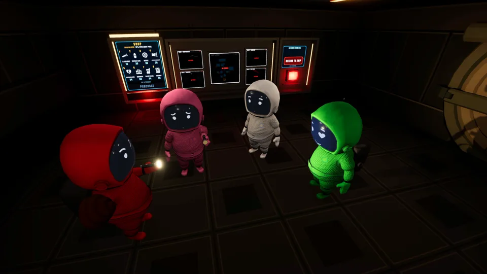 Poopnauts screenshot: the four-astronaut crew gathered in a dark ship room