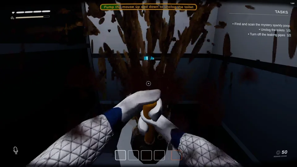 Poopnauts screenshot: holding a poop in a smeared ship corridor