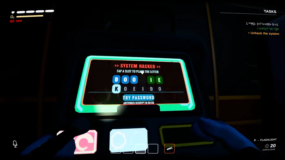 Poopnauts screenshot: the hacked system terminal anagram puzzle