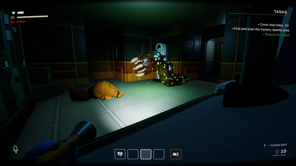 Poopnauts screenshot: a creature lurking in a lit ship room