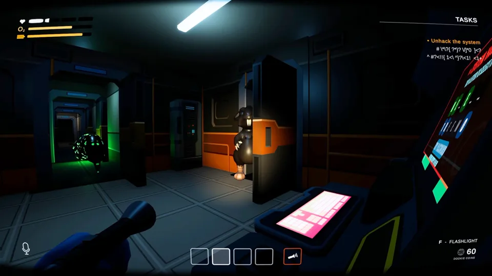Poopnauts screenshot: a dark ship corridor with an open door