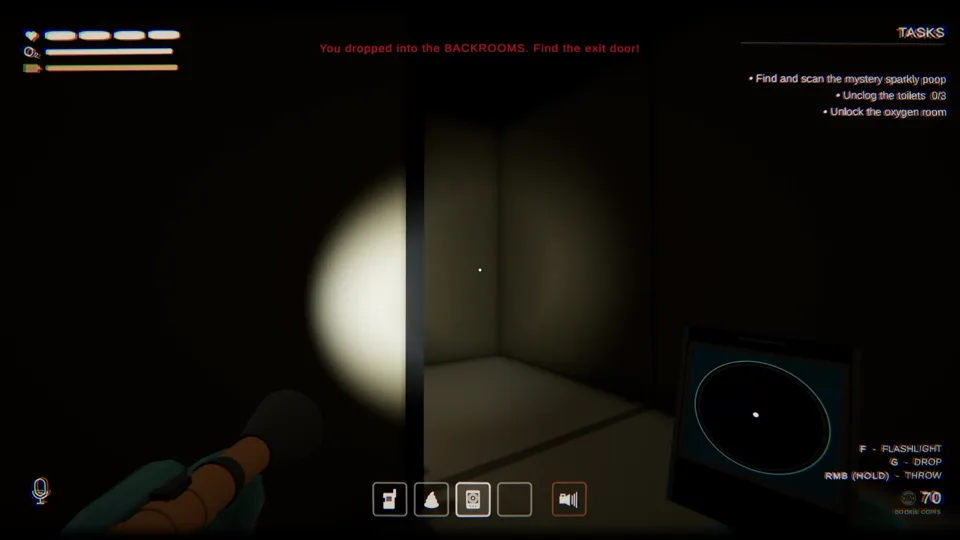 Poopnauts screenshot: a flashlight in the dark backrooms